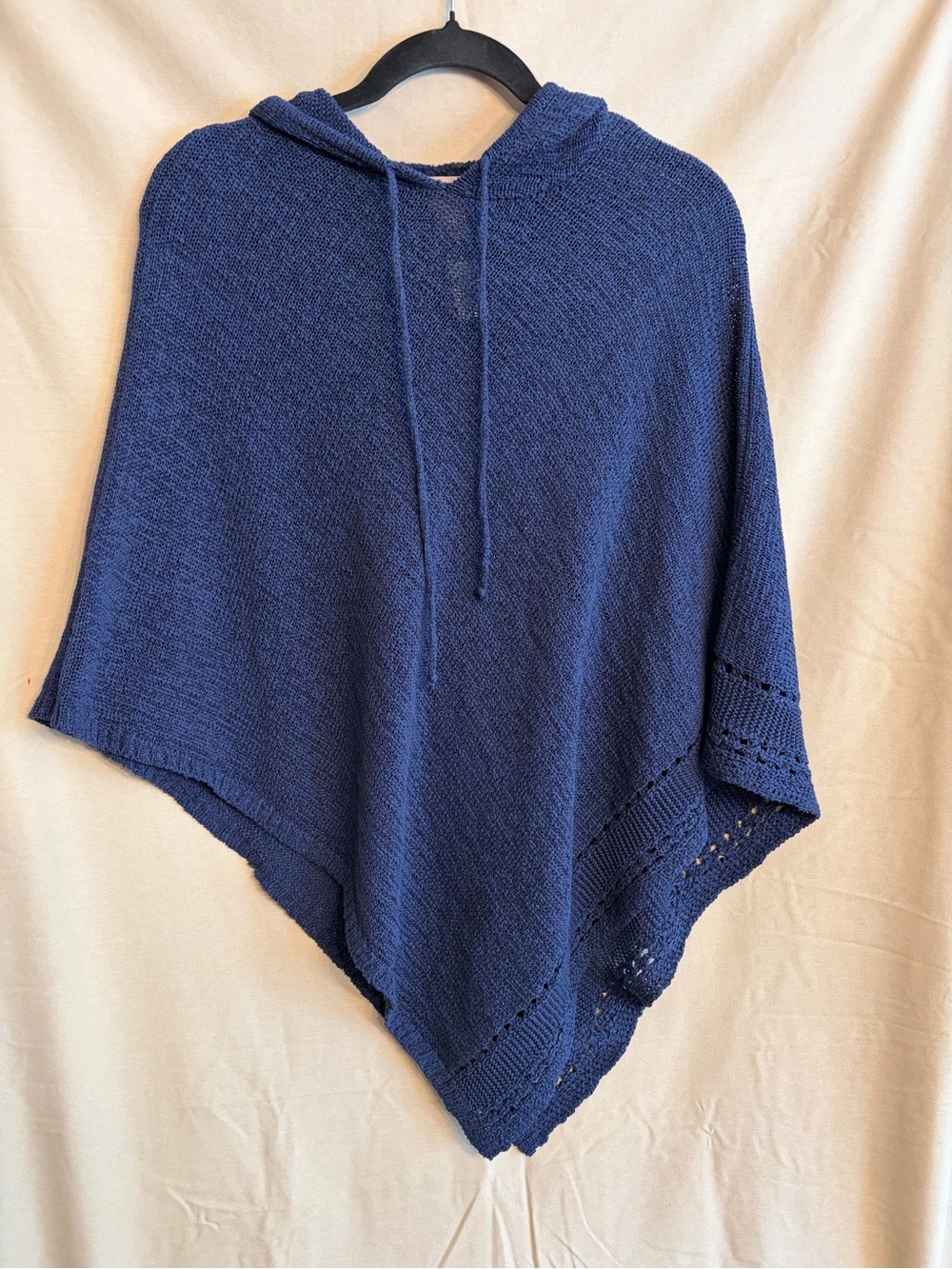 Chico's Blue Hooded Knit Poncho Sweater Pointelle Detail OS